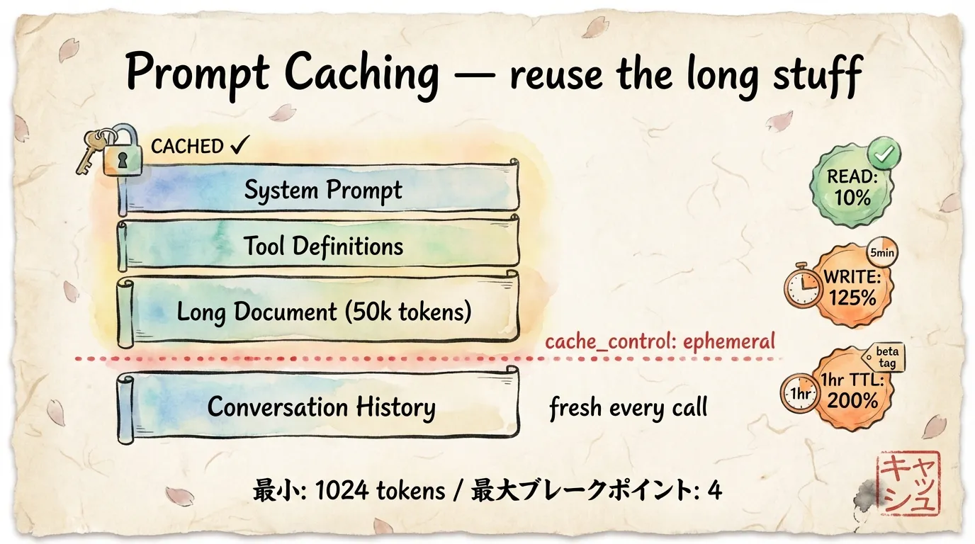 Prompt Caching のブロック構造 ── System / Tool / Long Document までをキャッシュし、Conversation History は毎回新鮮
