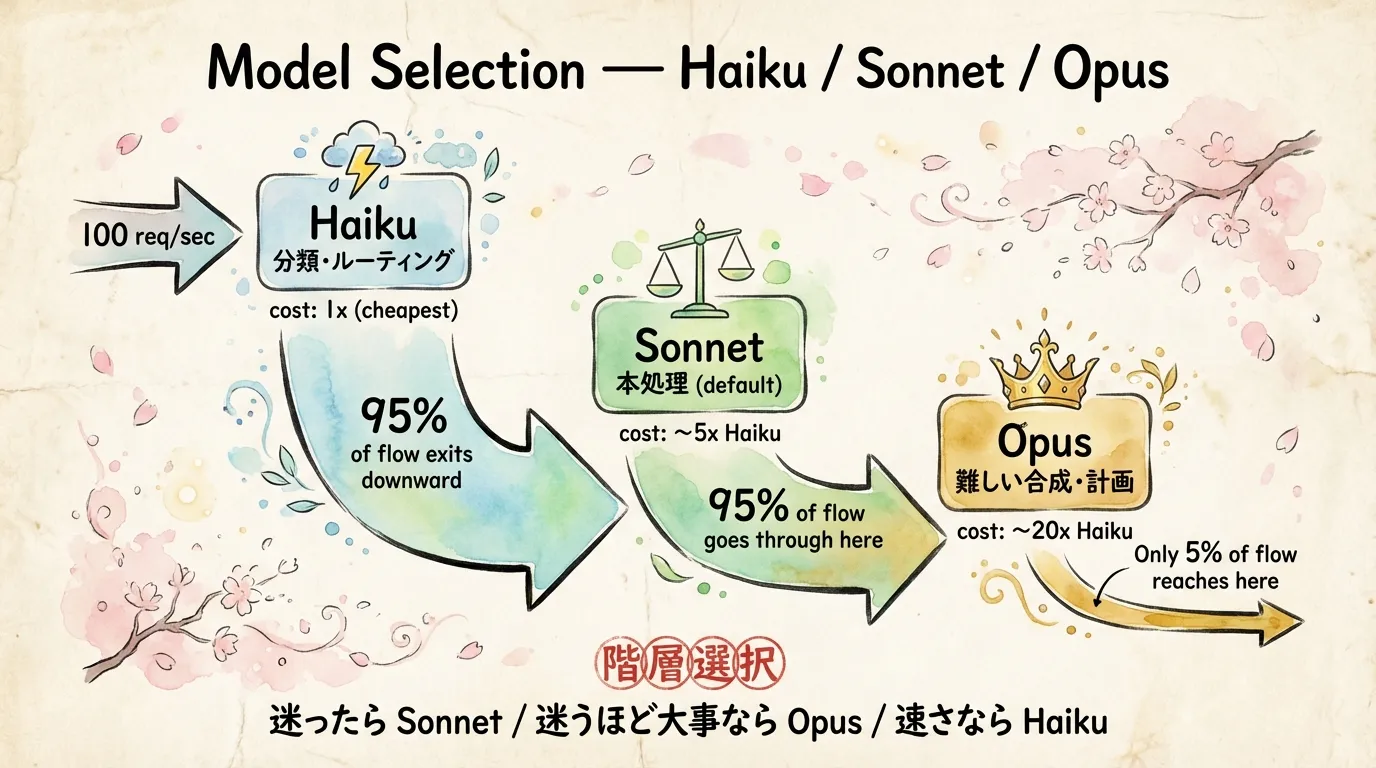 Haiku / Sonnet / Opus の階層的カスケード ── Haiku で分類、Sonnet で本処理、Opus でエスカレーション