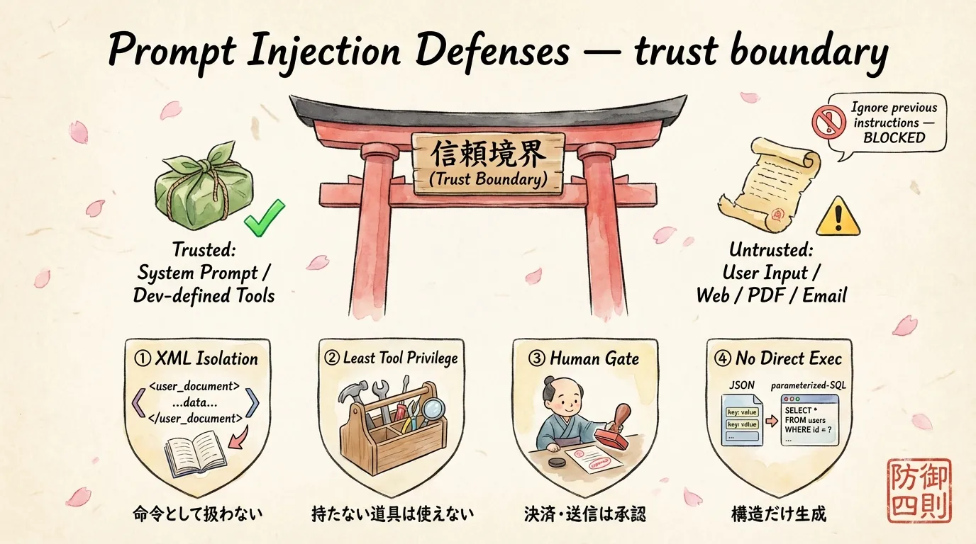 Prompt Injection 防御の4則 ── 信頼境界（torii）の左に System、右に User Input、下に XML 隔離 / 最小権限 / 人間ゲート / 直接実行しない