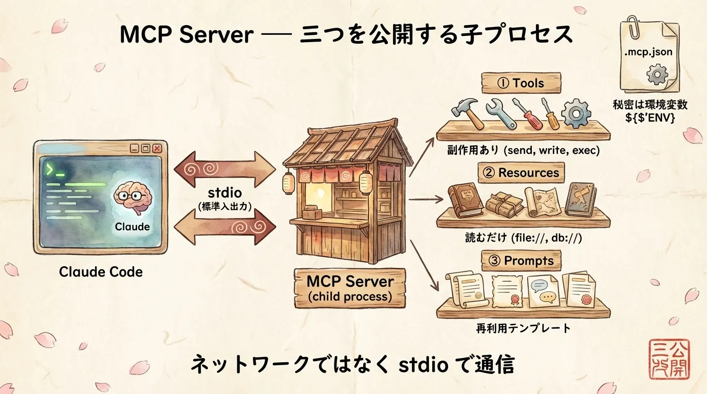 MCP Server の構造 ── Claude Code と stdio で通信し、Tools / Resources / Prompts の三つを公開する子プロセス