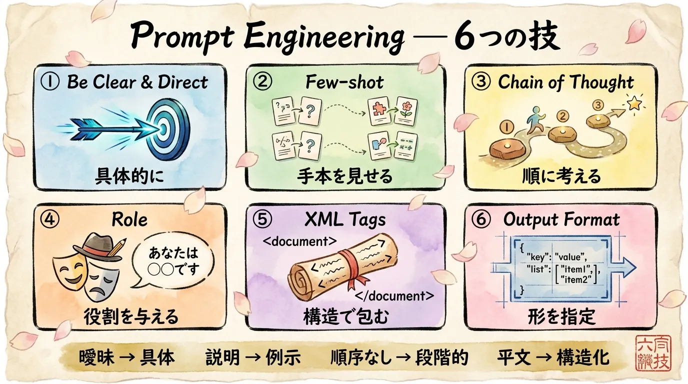 Prompt Engineering 6つの技 ── Be Clear & Direct / Few-shot / Chain of Thought / Role / XML Tags / Output Format